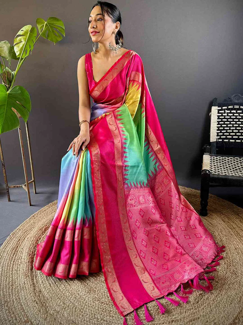 Vibrant Rainbow Silk Saree — Kanchipuram Silk