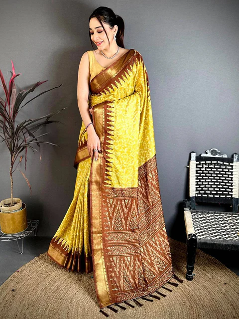 Pure Mustard Linen Saree — Linen Cotton Blend