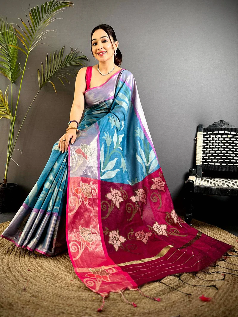 Vibrant Ikat Print Printed Cotton Saree — Printed Poly-Cotton