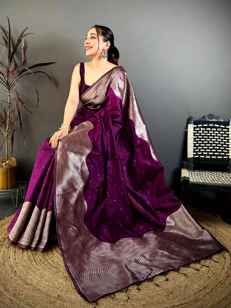 Wine Anmol Zari Banarasi Katan Silk Saree — Printed Tussar Silk