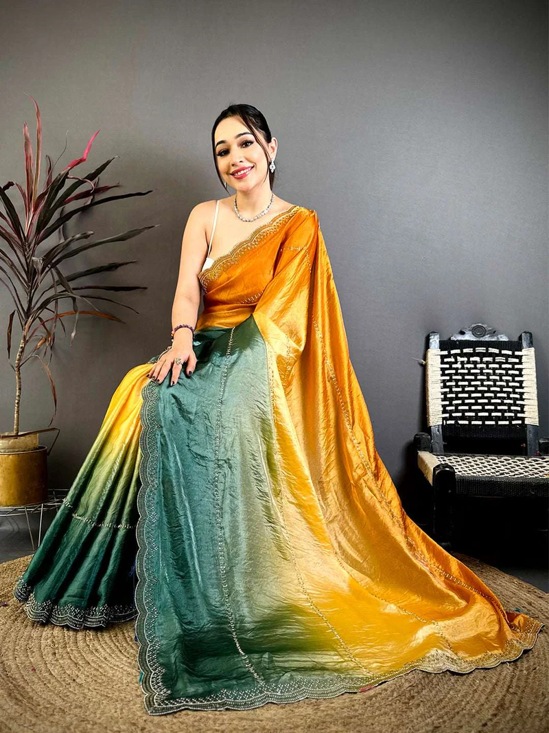 Soft Silk Ombre Zarkhond Stone Work Saree — Khadi Cotton