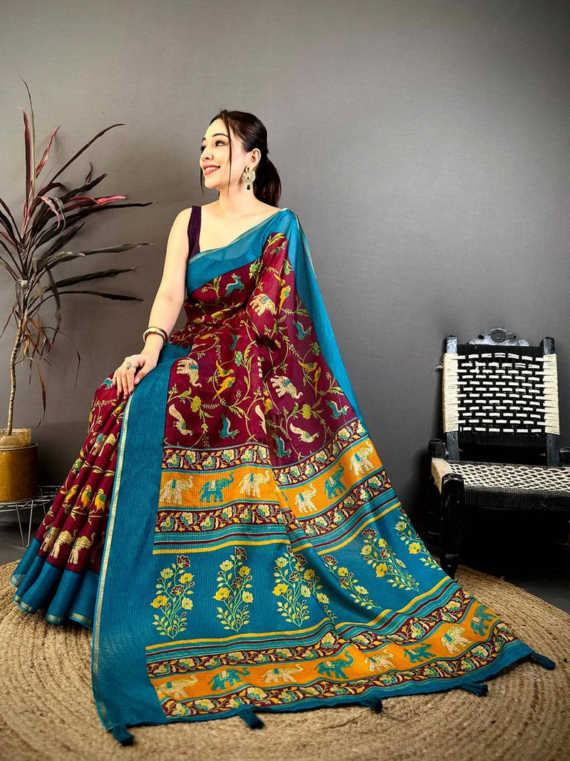 Elegant Floral Print Printed Cotton Saree — Printed Cotton
