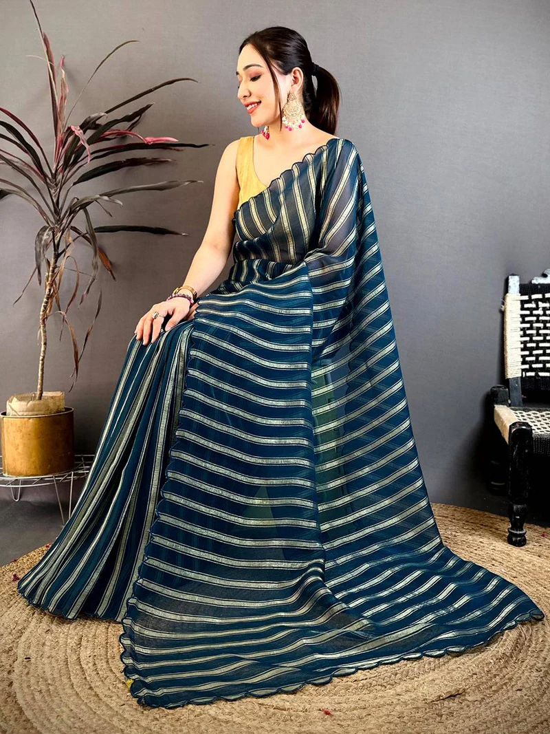 Navy Gold Zari Stripe Chiffon Saree — Temple Border Silk