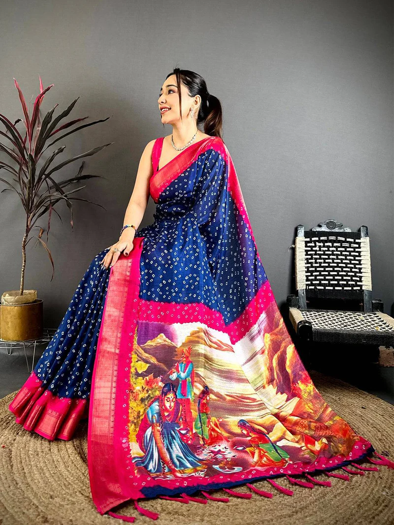 Navy Bandhej Fusion Dola Print Saree — Temple Border Silk