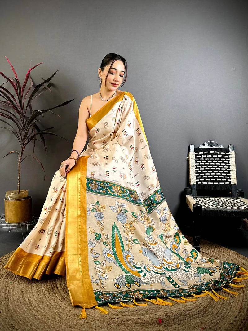 Yellow Soft Dola Silk Warli Print Saree — Kanchipuram Silk