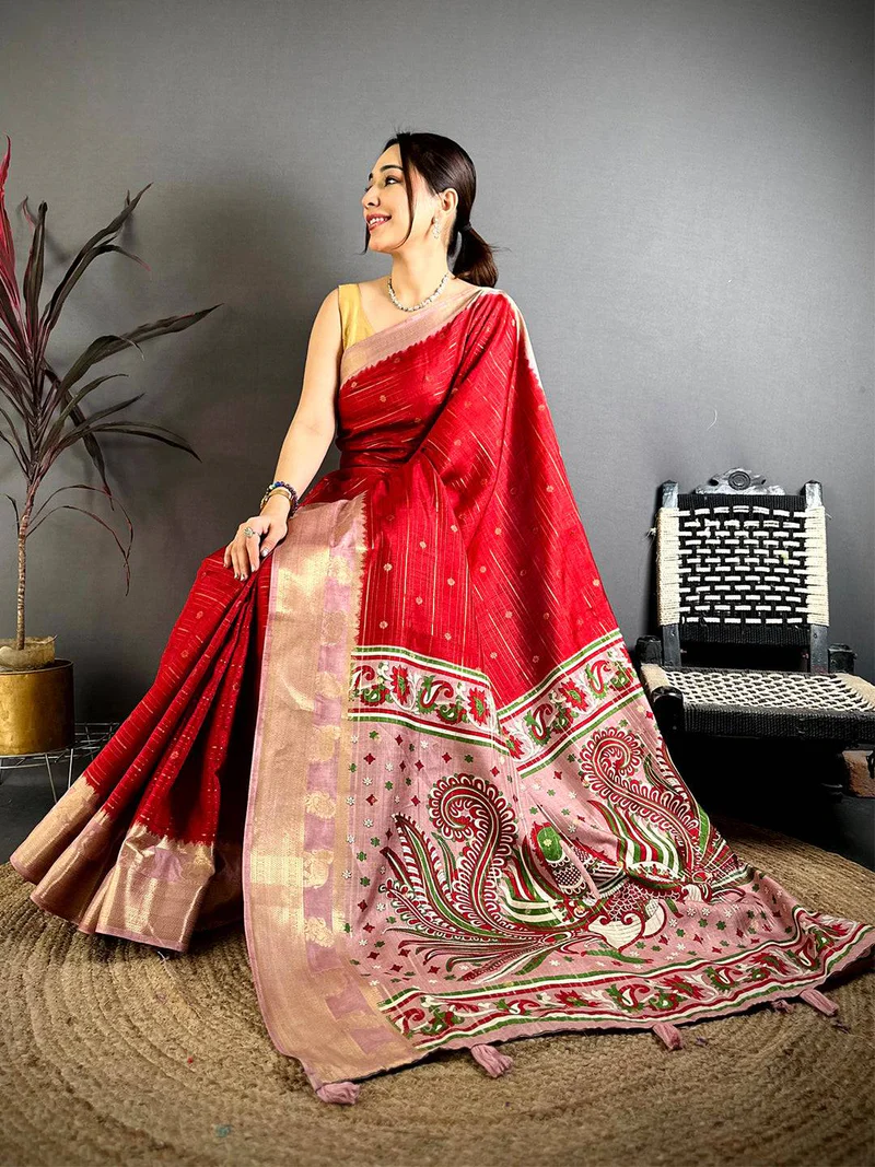 Red Kalamkari Pallu Gadwal Saree — Banarasi Silk Brocade