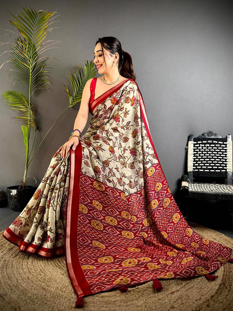 Red Floral Phulkari Mul Cotton Saree — Banarasi Georgette Silk