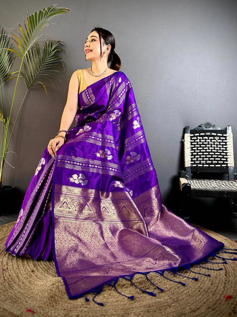 Purple Sona Chandi Striped Silk Saree — Mysore Pure Silk