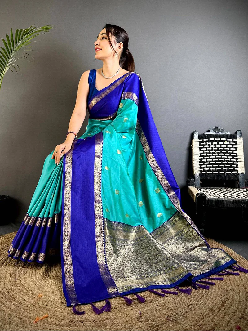 Sea Green Gadhwal Pure Soft Silk Saree — Banarasi Georgette Silk