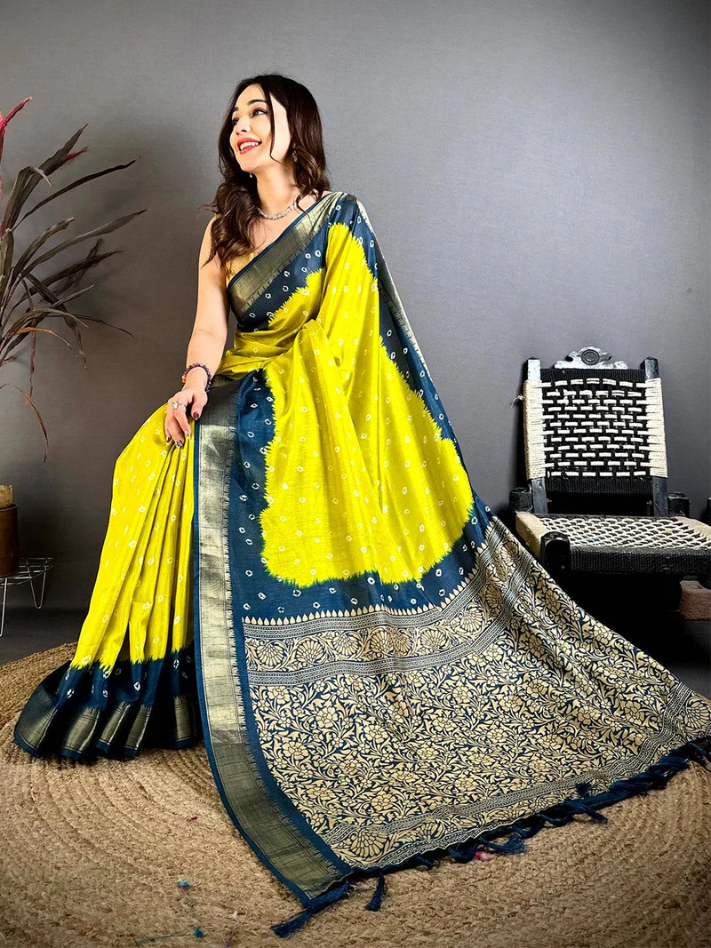 Yellow Bandhej Printed Dola Silk Saree — Banarasi Georgette Silk