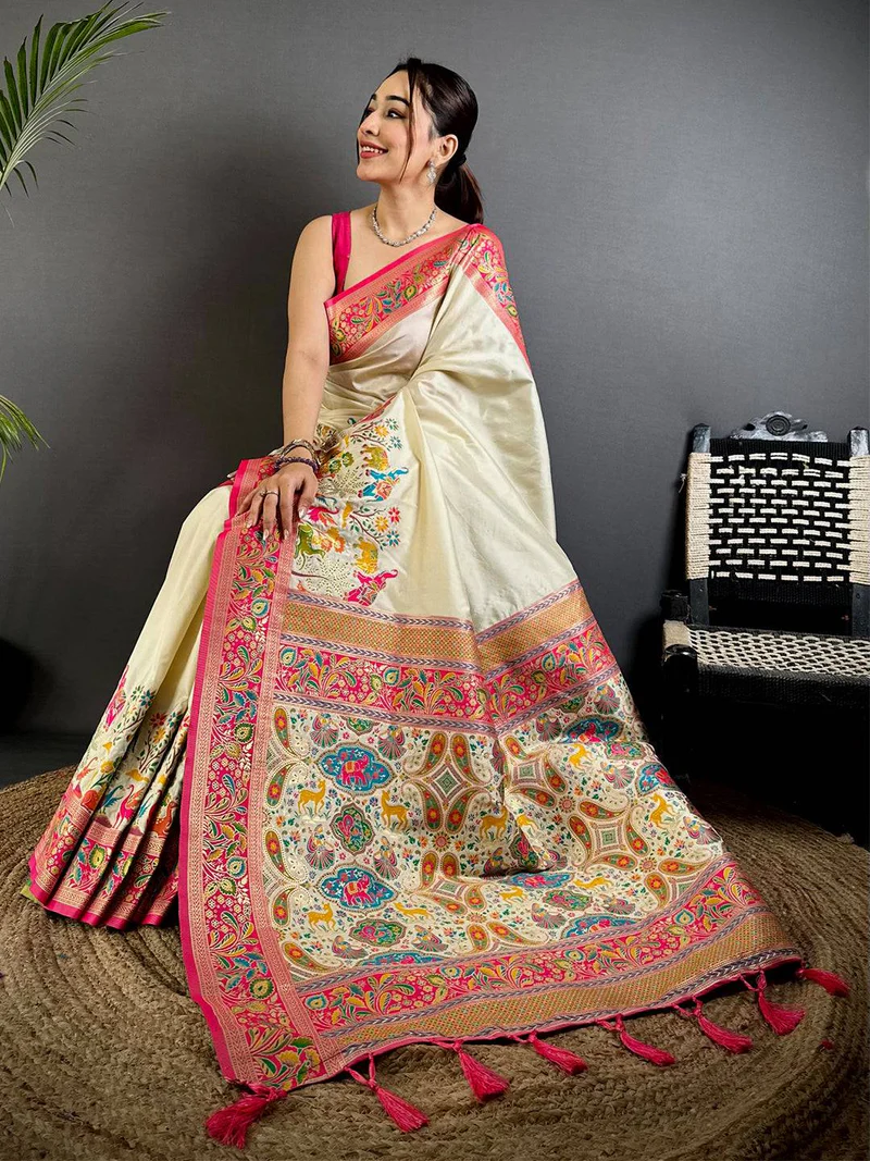 Cream Soft Semi Silk Minakari Weave Saree — Banarasi Silk Brocade