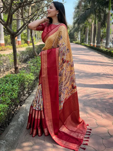Signature Floral Print Printed Cotton Saree — Printed Poly-Cotton
