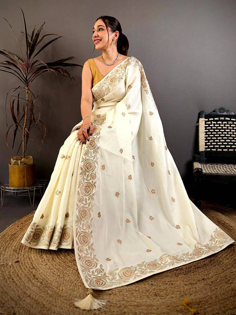 White Aari Jhalar Tussar Satin Saree — Tussar Ghicha Silk