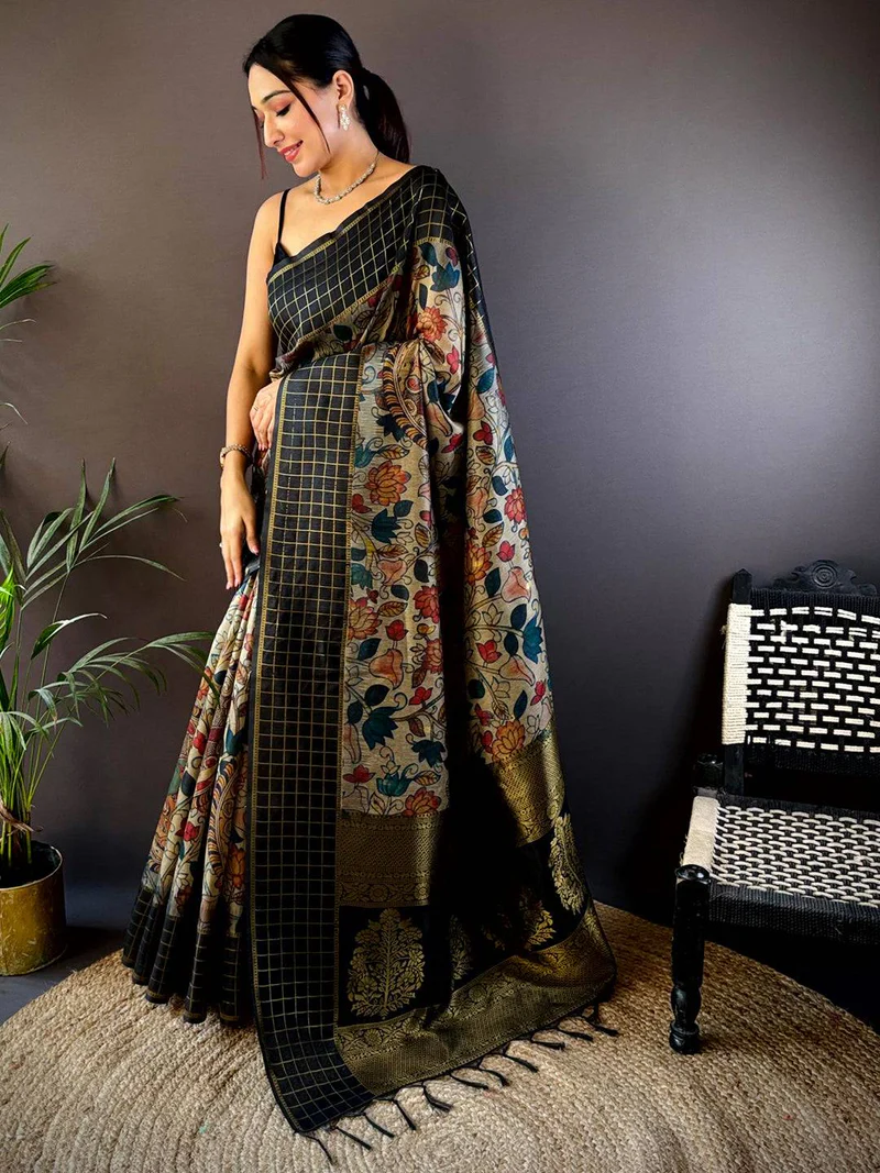 Black Soft Silk Kalamkari Printed Saree — Chettinad Cotton