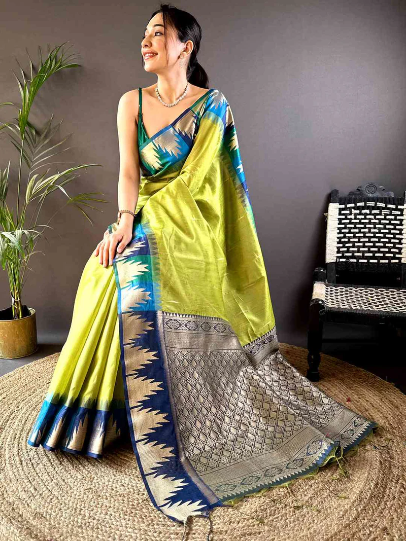Green Banarasi Raw Silk Saree — Khadi Cotton