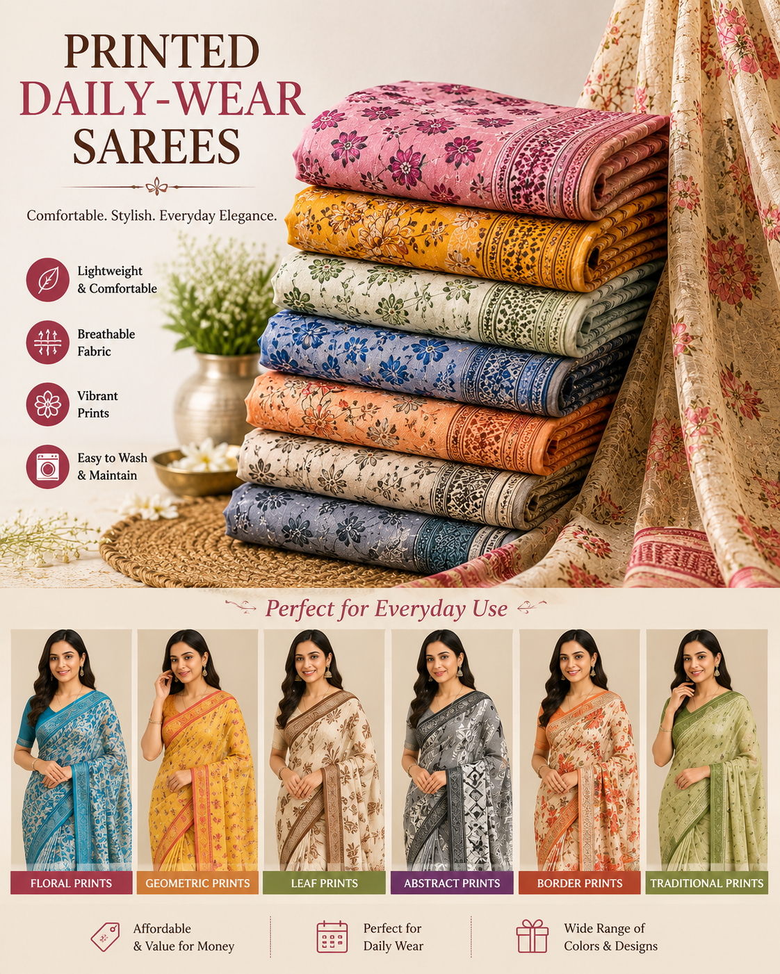Printed Daily-Wear Sarees — Magizh Clothes