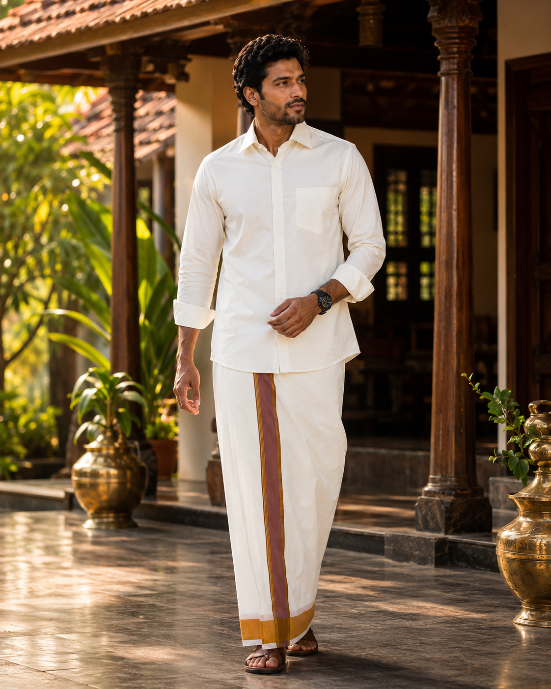 Art Silk Combo - Cream with Copper matching border