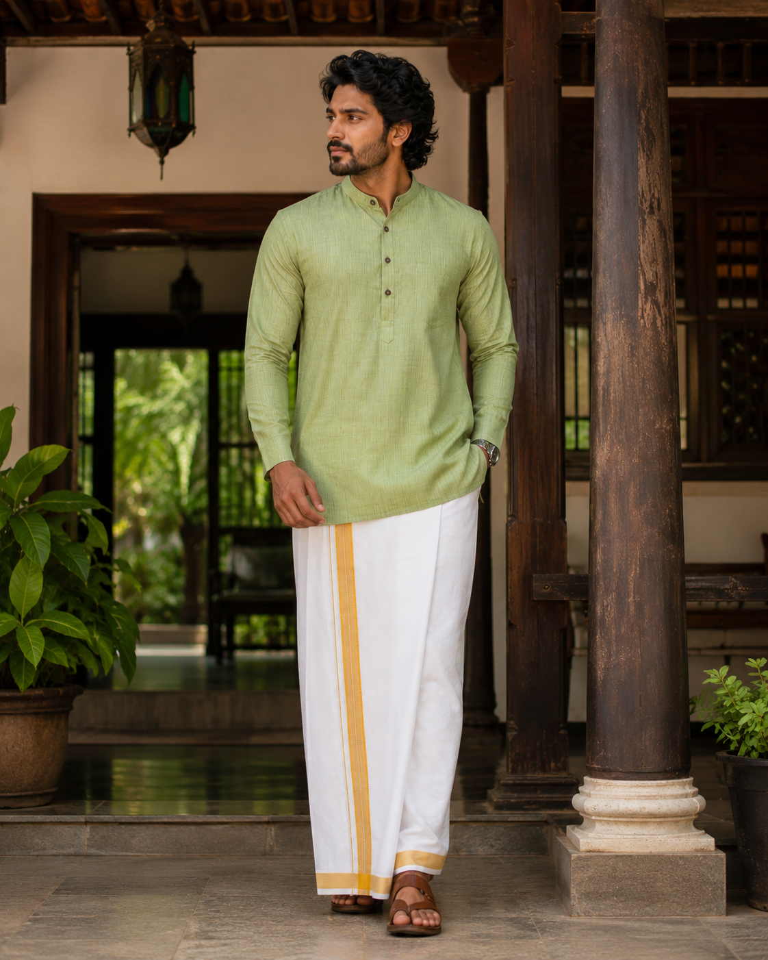 Mellizhai Kurta Combo - Green Color with Gold Zari Border — Cotton