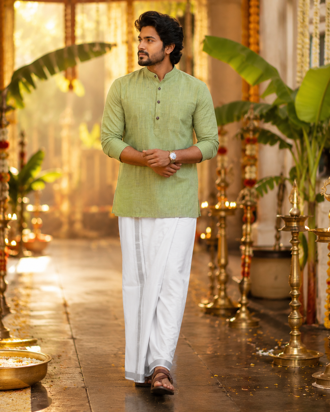 Mellizhai Kurta Combo - Green Color with Silver Zari Border — Cotton