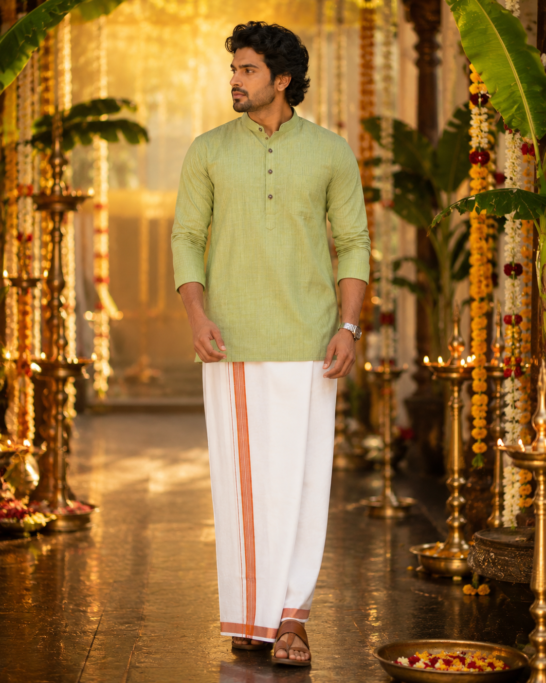 Mellizhai Kurta Combo - Green Color with Copper Zari Border — Cotton