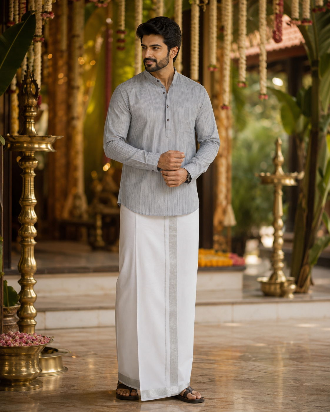 Mellizhai Kurta Combo - Grey striped Color with Silver Zari Border — Cotton
