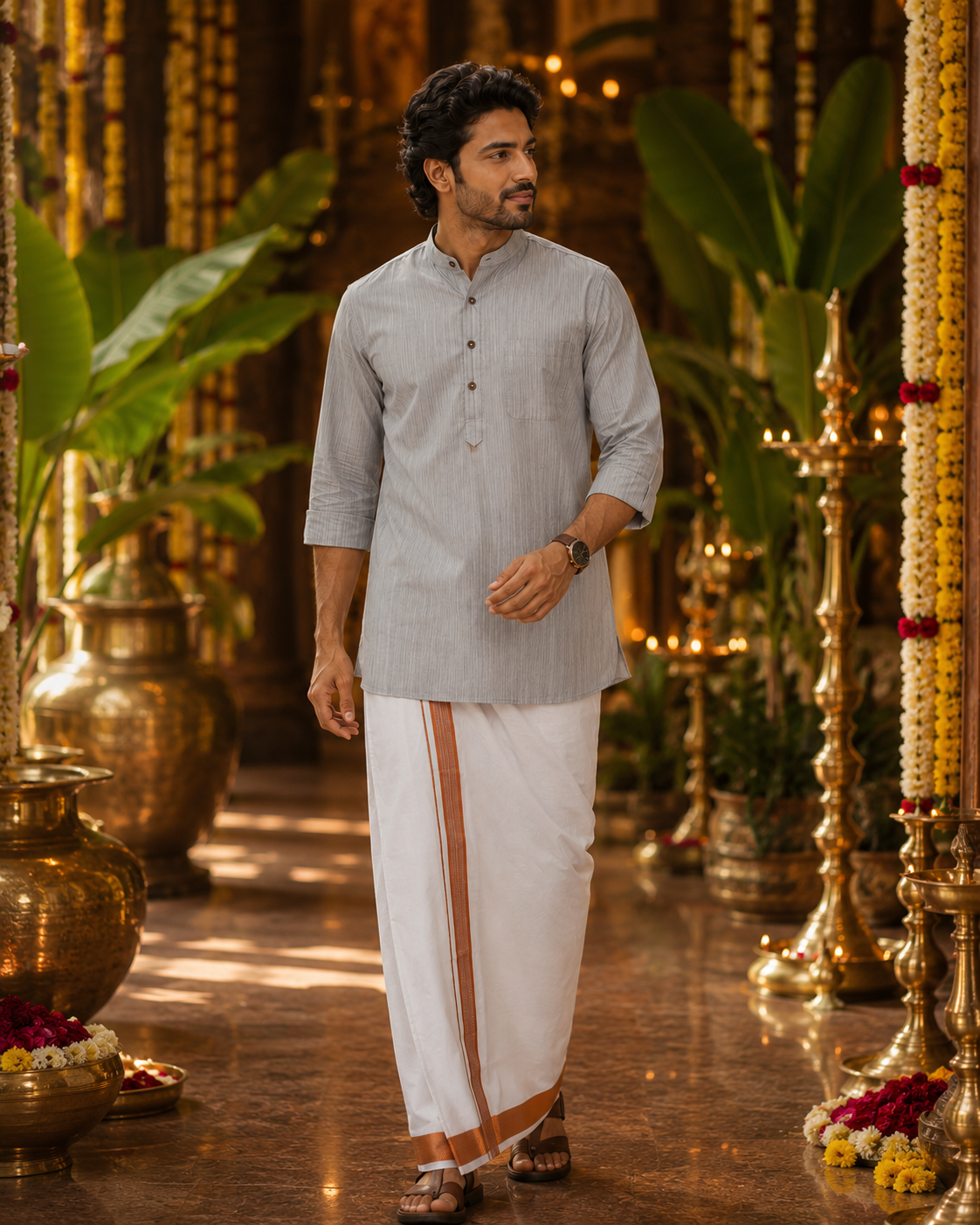 Mellizhai Kurta Combo - Grey striped Color with Copper Zari Border — Cotton