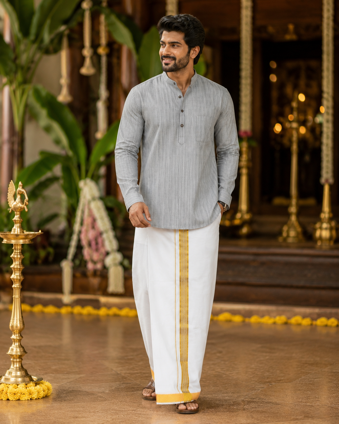 Mellizhai Kurta Combo - Grey striped Color with Gold Zari Border — Cotton