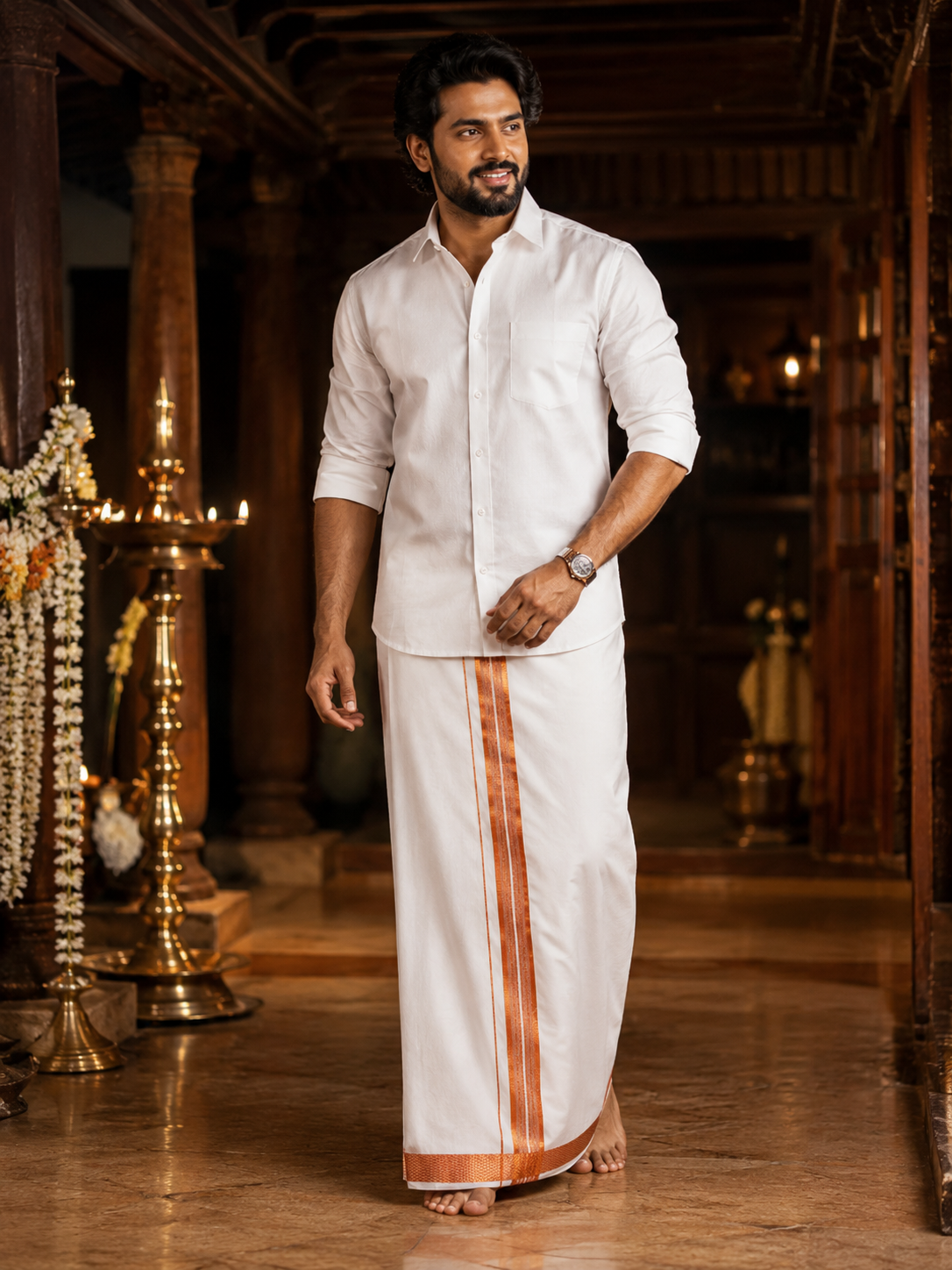 Single Layer 100% Cotton White Dhoti with 1 inch Copper Jari Border — Cotton