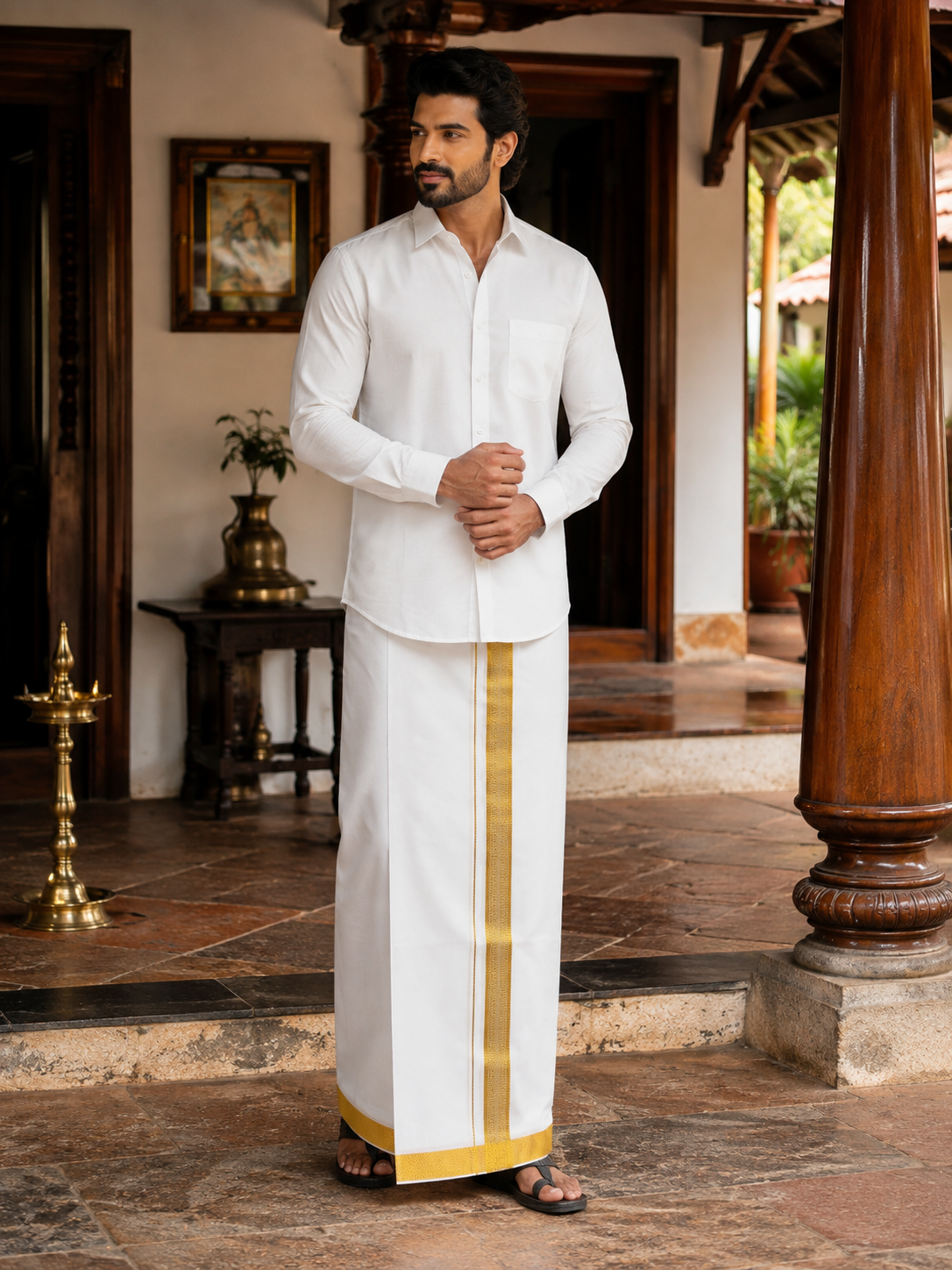 Single Layer 100% Cotton White Dhoti with 1 inch Gold Jari Border — Cotton