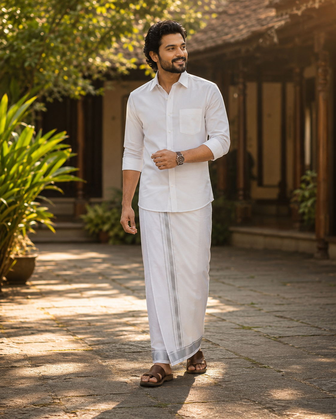 Single Layer 100% Cotton White Dhoti with 1 inch Silver Jari Border — Cotton