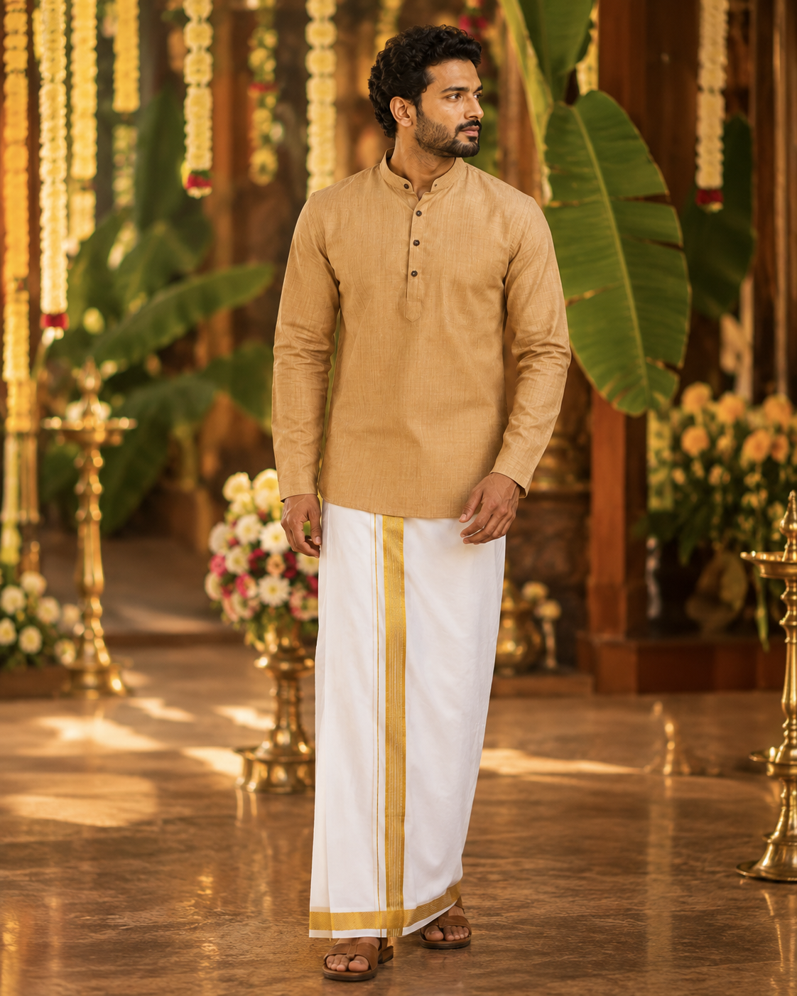 Mellizhai Kurta Combo - Dusar Color with Gold Zari Border — Cotton