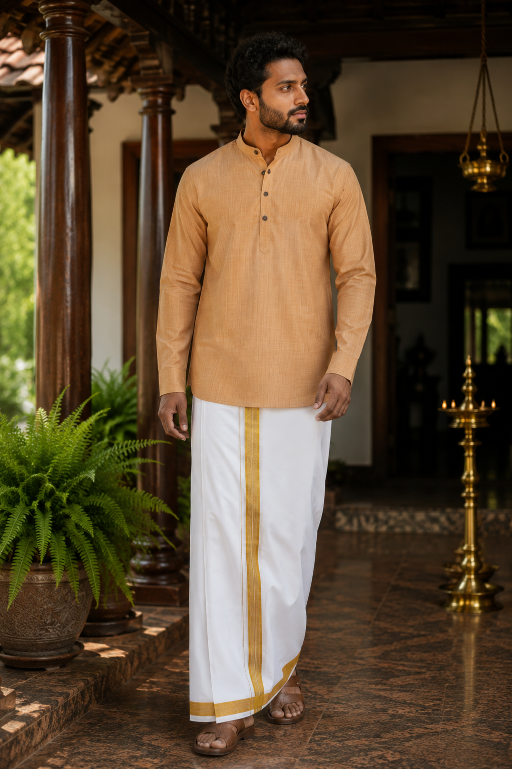 Mellizhai Kurta Combo - Dusar Color with Gold Zari Border — Cotton in Dusar — view 2