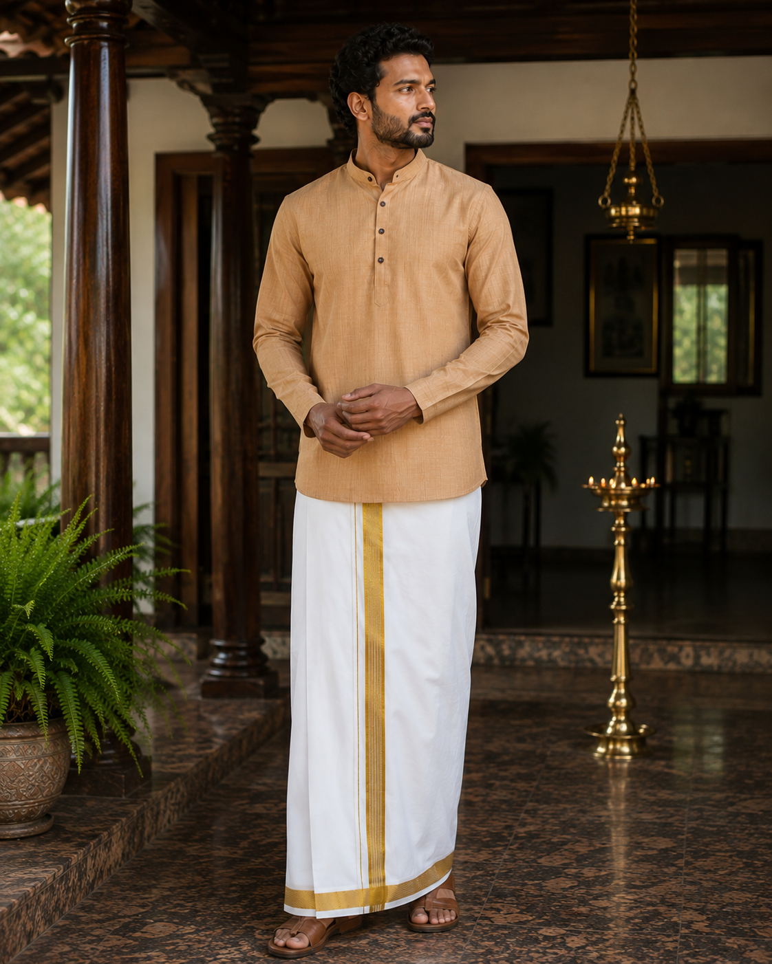 Mellizhai Kurta Combo - Dusar Color with Gold Zari Border — Cotton in Dusar — view 3