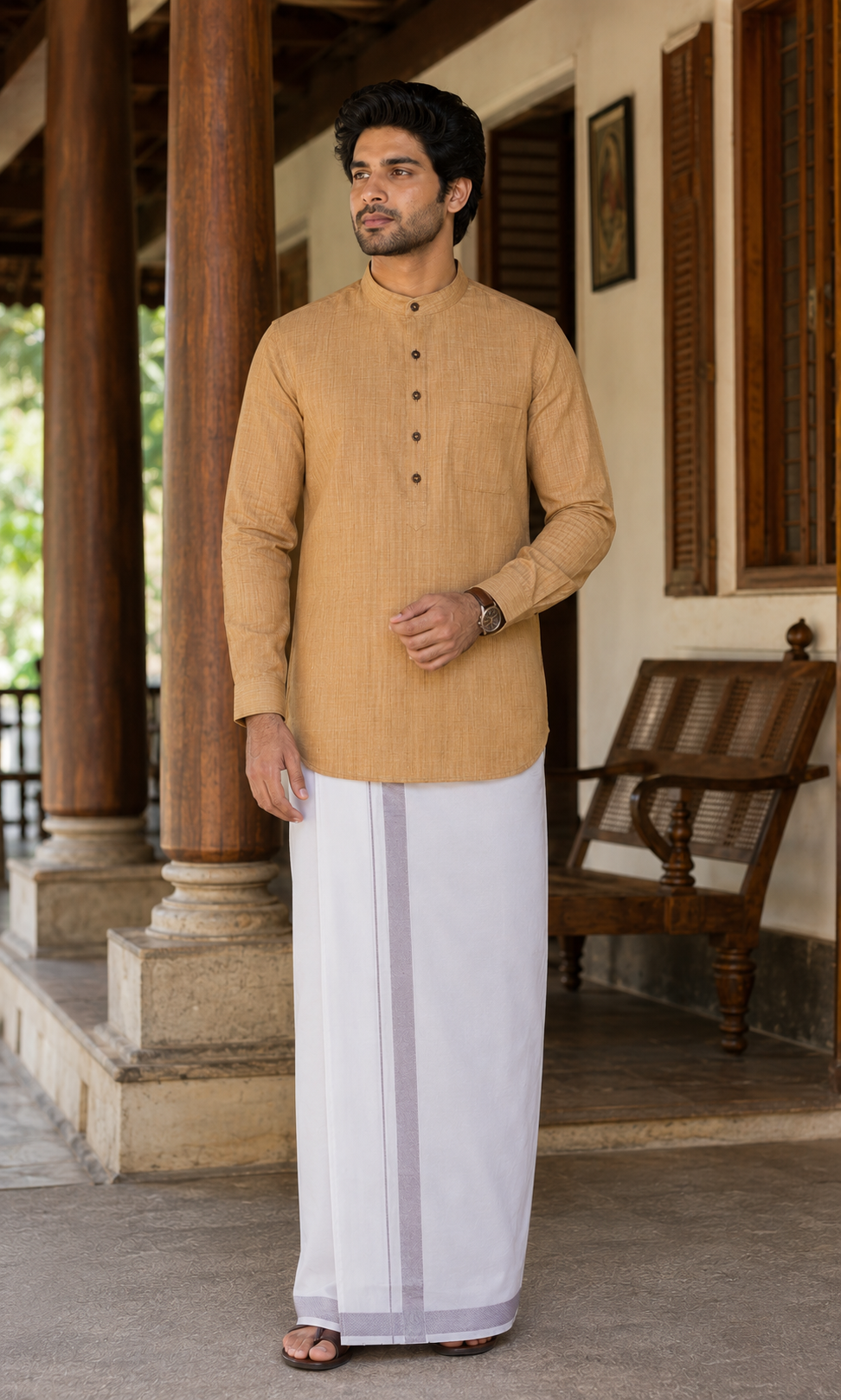 Mellizhai Kurta Combo - Dusar Color with Silver Zari Border — Cotton in Dusar — view 2