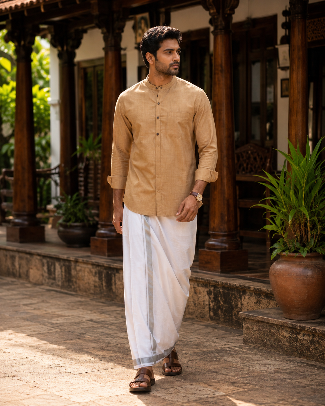 Mellizhai Kurta Combo - Dusar Color with Silver Zari Border — Cotton in Dusar — view 3
