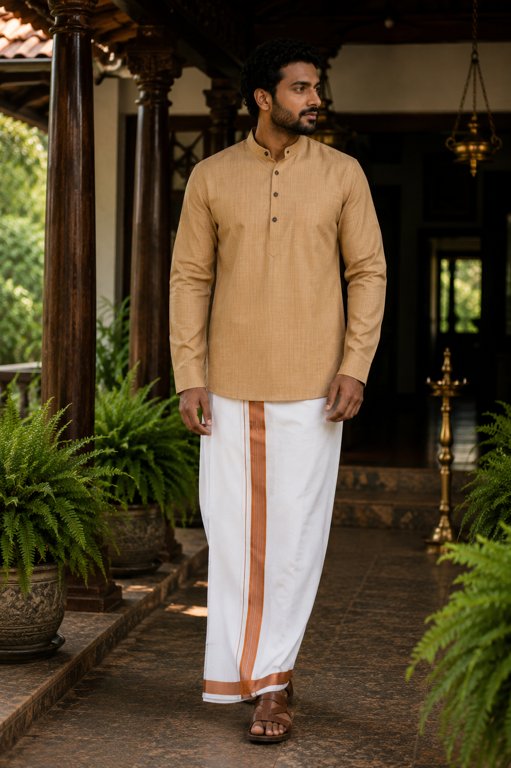 Mellizhai Kurta Combo - 100% Cotton Dusar Color with CopperZari Border — Cotton