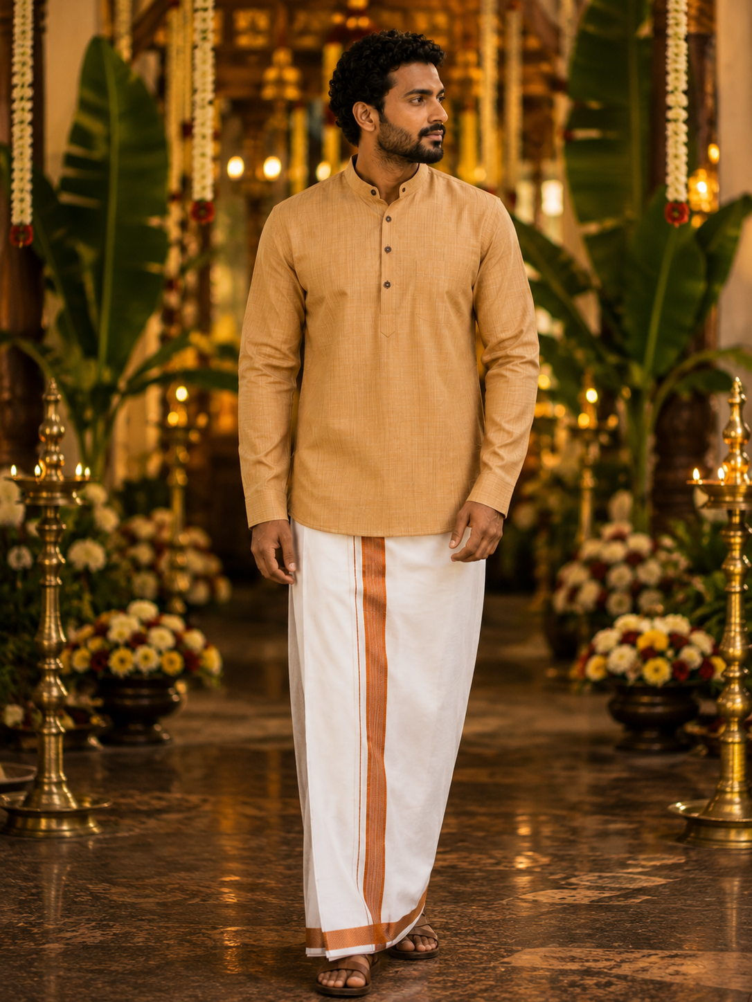 Mellizhai Kurta Combo - 100% Cotton Dusar Color with CopperZari Border — Cotton in Dusar — view 2