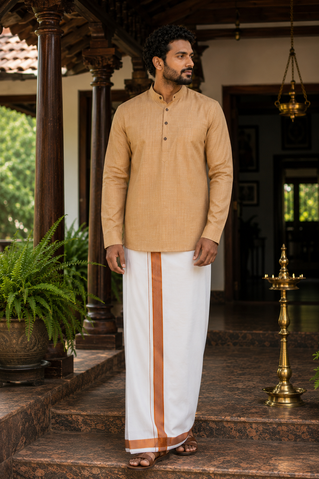 Mellizhai Kurta Combo - 100% Cotton Dusar Color with CopperZari Border — Cotton in Dusar — view 3