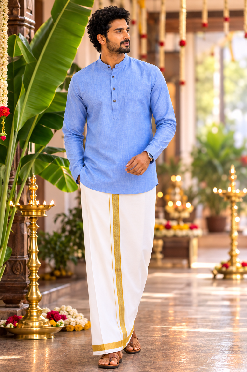 Mellizhai Kurta Combo - Skyblue Color with Gold Zari Border — Cotton
