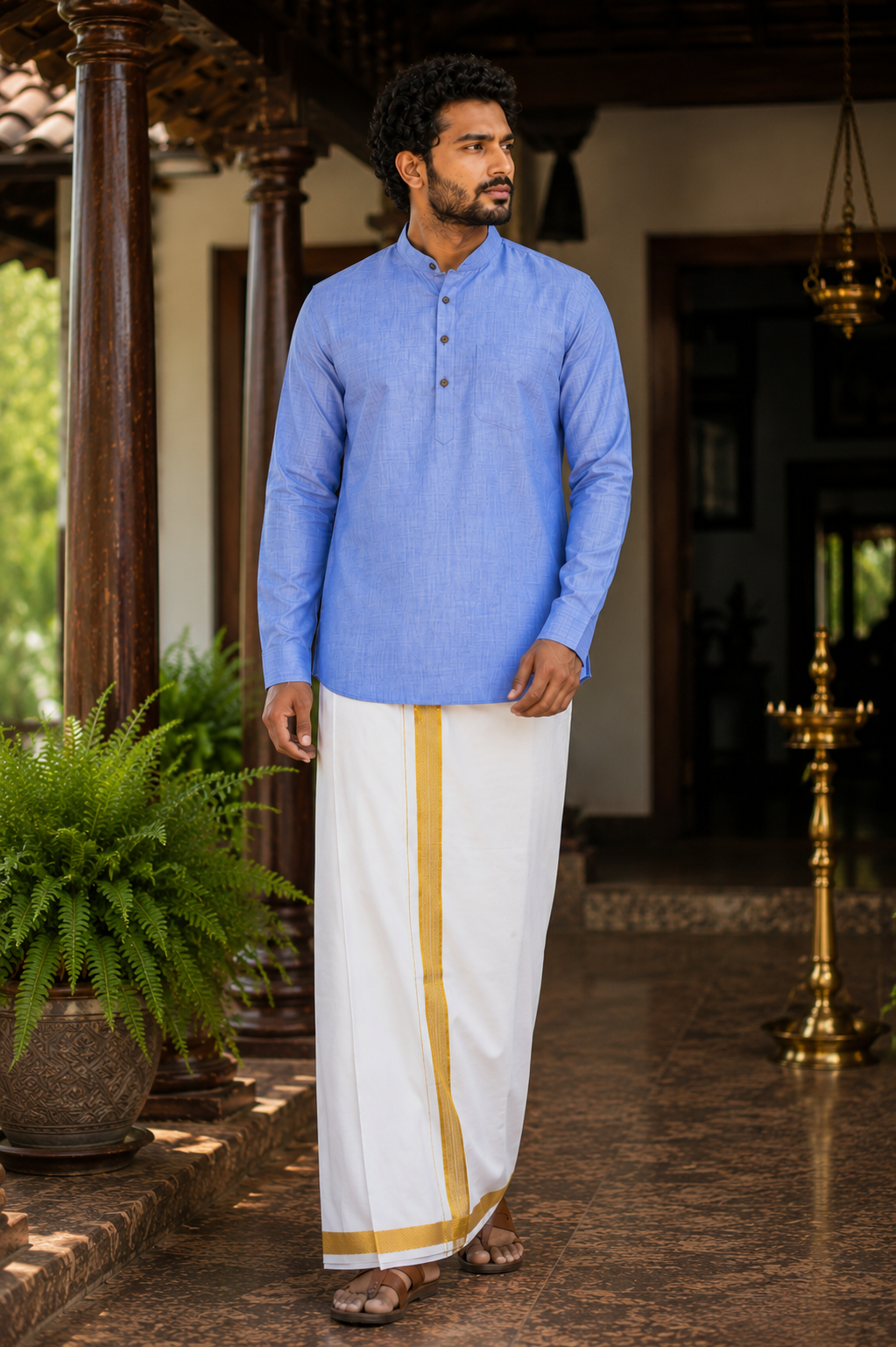Mellizhai Kurta Combo - Skyblue Color with Gold Zari Border — Cotton in Skyblue — view 2