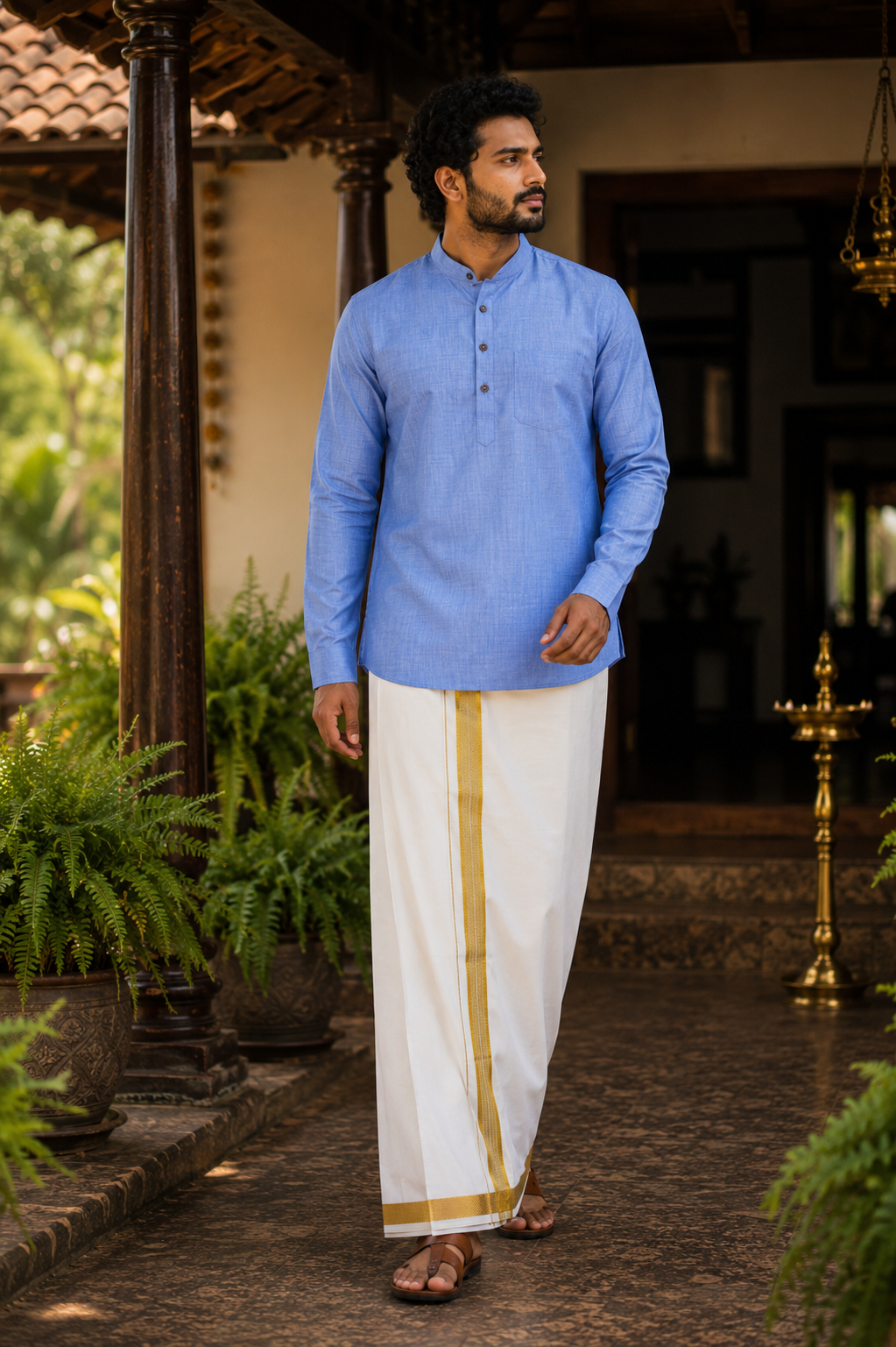 Mellizhai Kurta Combo - Skyblue Color with Gold Zari Border — Cotton in Skyblue — view 3
