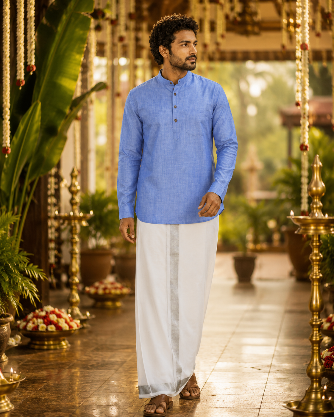 Mellizhai Kurta Combo - Skyblue Color with Silver Zari Border — Cotton