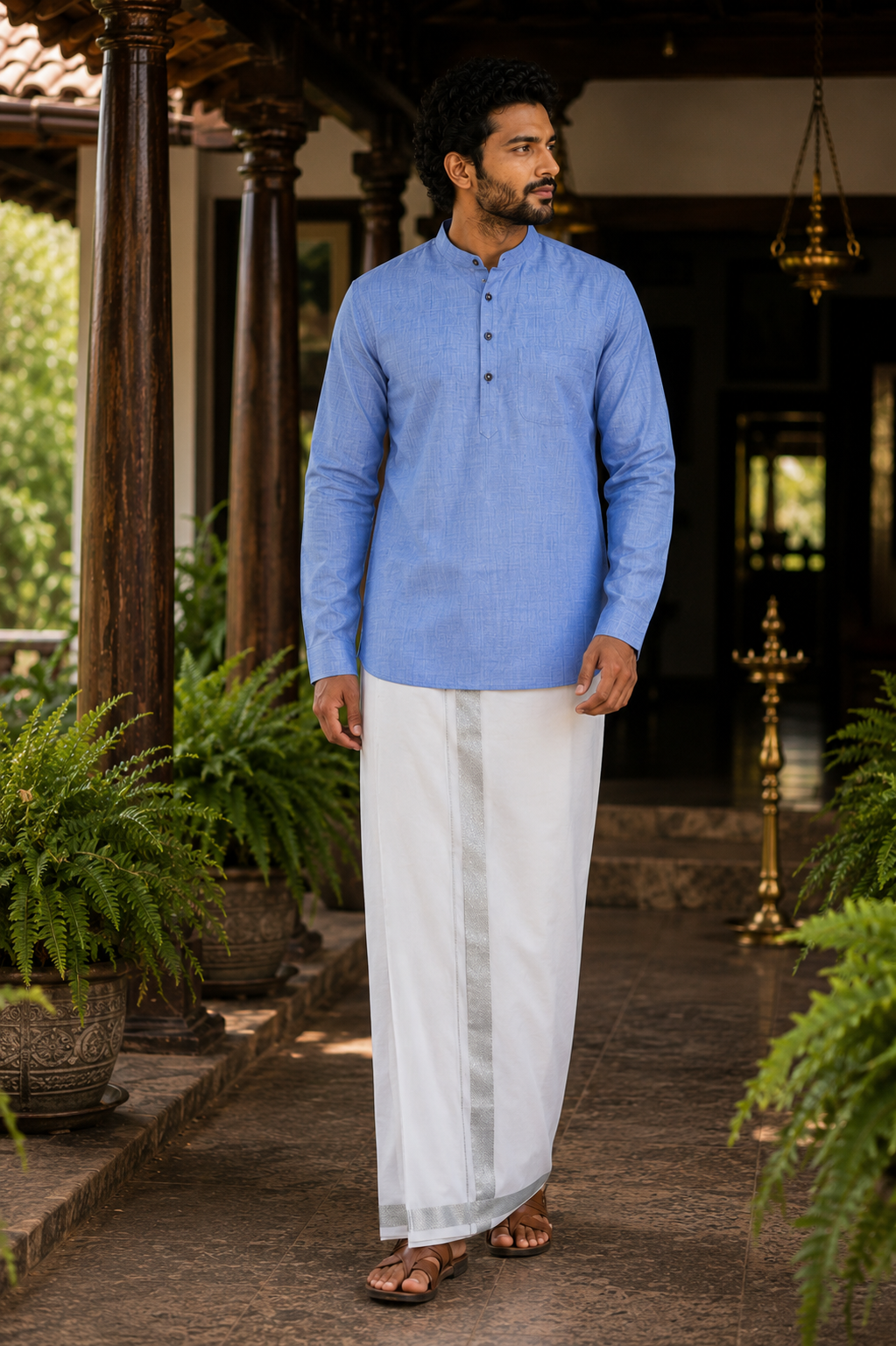 Mellizhai Kurta Combo - Skyblue Color with Silver Zari Border — Cotton in Skyblue — view 2
