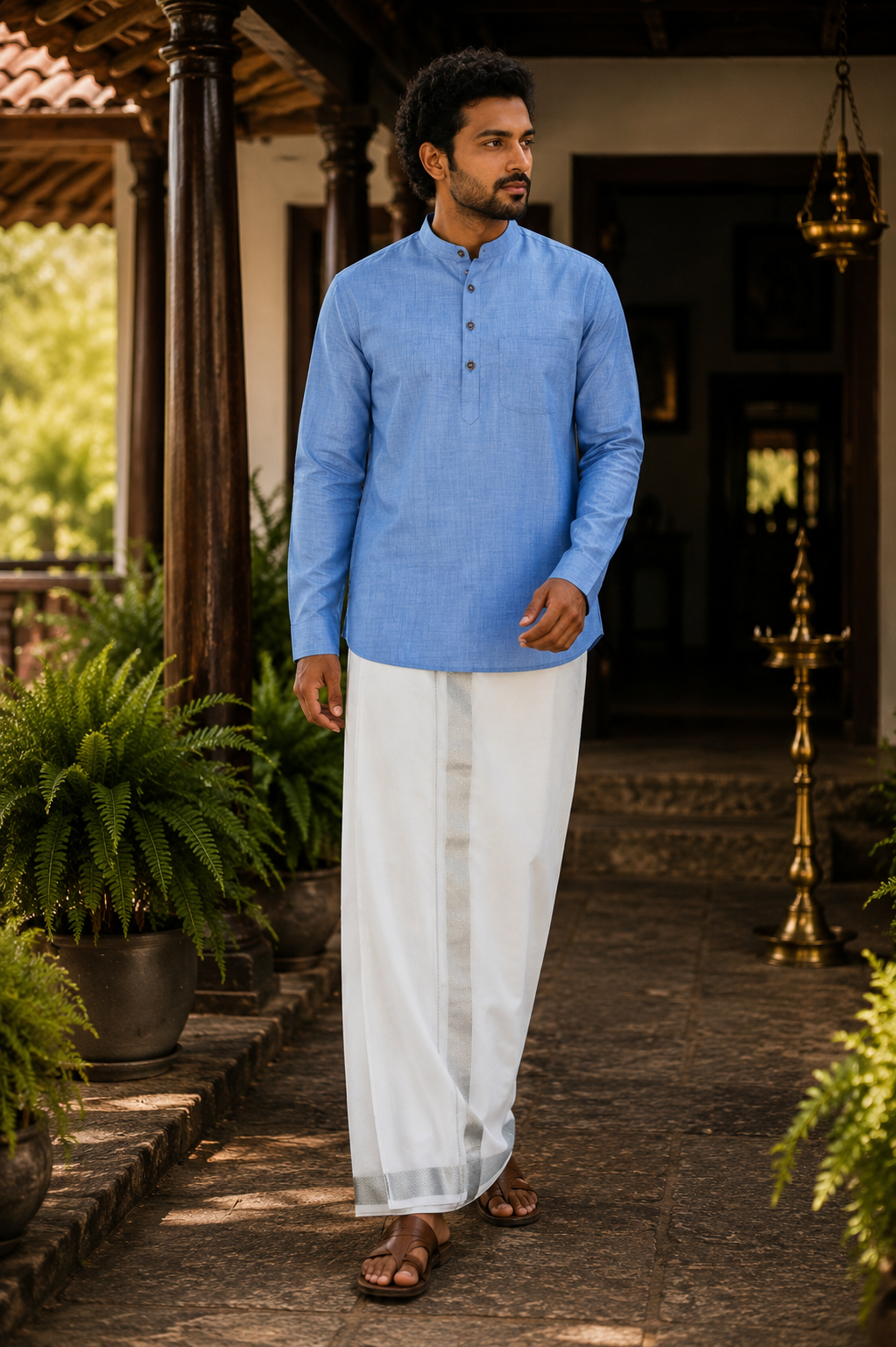 Mellizhai Kurta Combo - Skyblue Color with Silver Zari Border — Cotton in Skyblue — view 3
