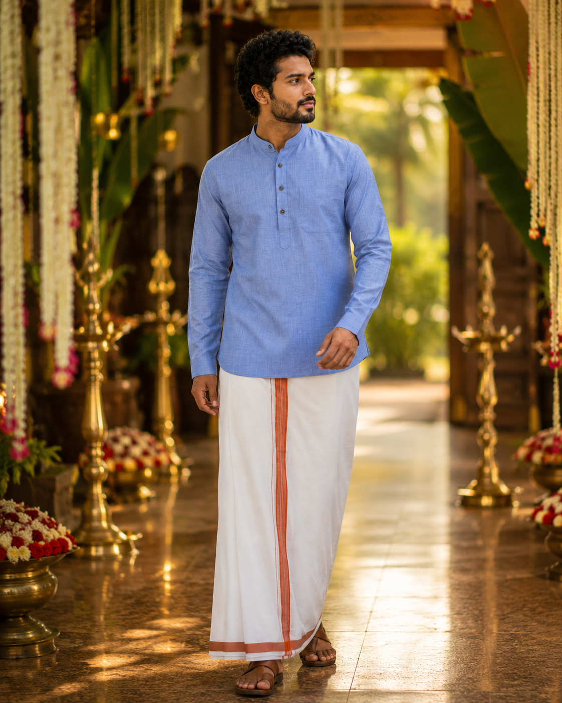 Mellizhai Kurta Combo - Dusar Color with Copper Zari Border — Cotton in Skyblue — view 2