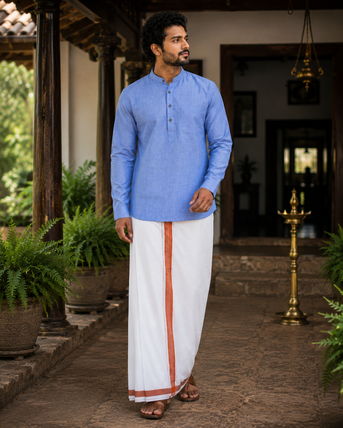 Mellizhai Kurta Combo - Dusar Color with Copper Zari Border — Cotton in Skyblue — view 3
