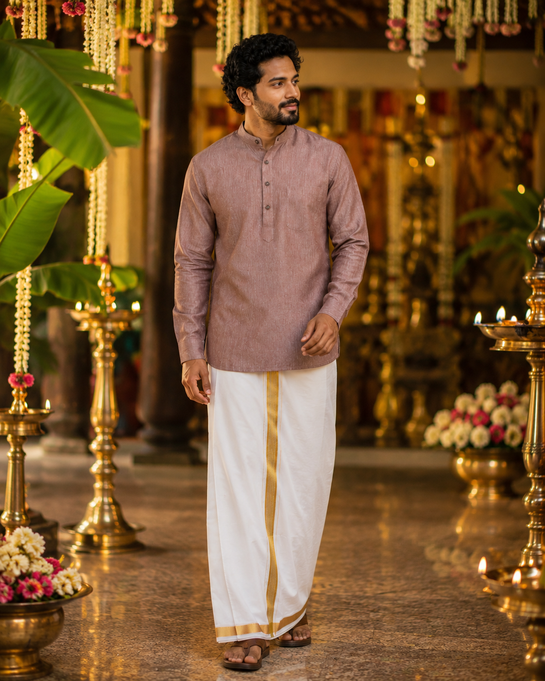 Mellizhai Kurta Combo – Rust Maroon with Gold Zari Border — Cotton