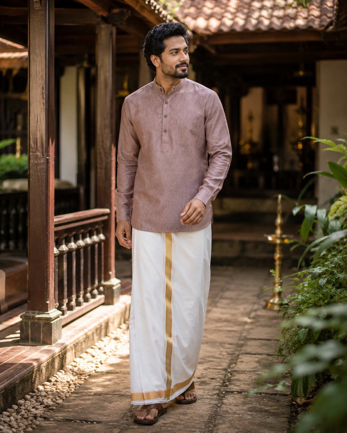 Mellizhai Kurta Combo – Rust Maroon with Gold Zari Border — Cotton in Rust Maroon — view 2