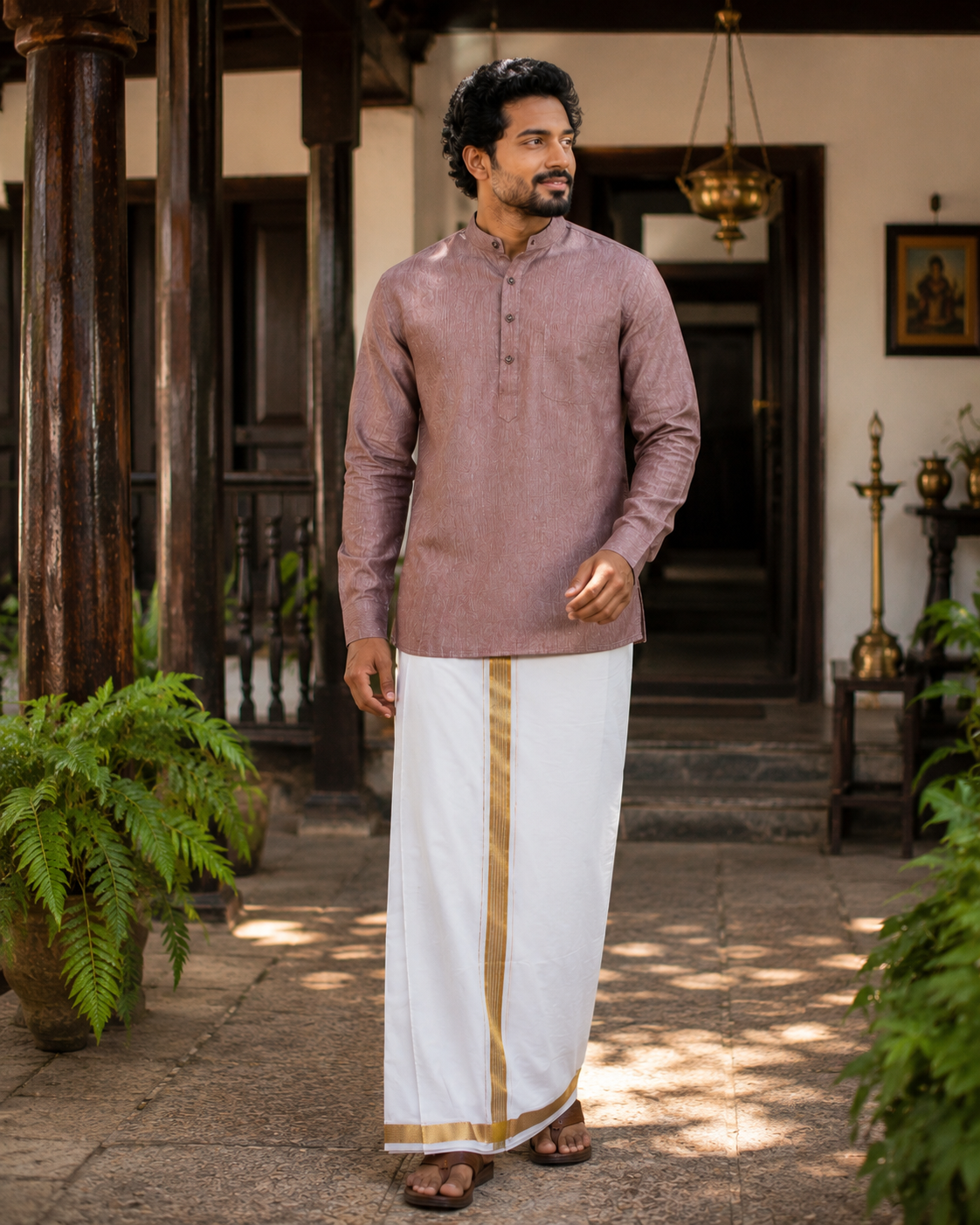 Mellizhai Kurta Combo – Rust Maroon with Gold Zari Border — Cotton in Rust Maroon — view 3