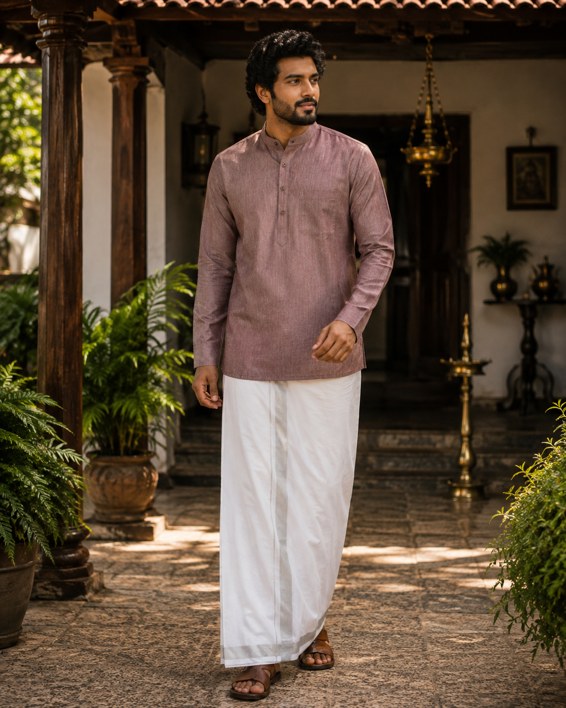 Mellizhai Kurta Combo - Dusar Color with Silver Zari Border — Cotton in Rust Maroon — view 2